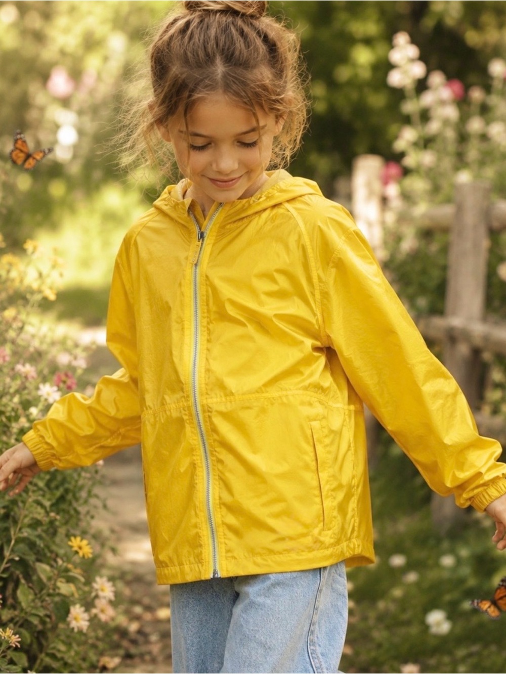 L.L.Bean Lightweight Hooded Kids Yellow Wind and Rain Jacket w Reflective Zipper
